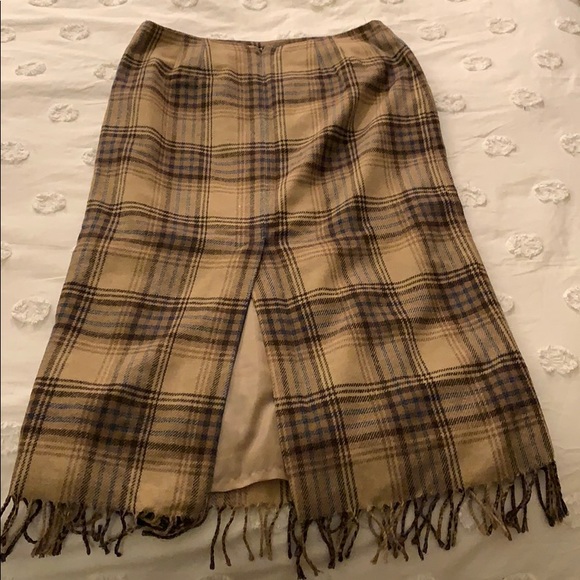 VTG Plaid Tweed Tan Blue Brown Midi Skirt - Picture 4 of 6